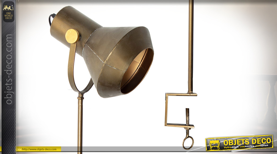 Lampe de bureau en métal finition laiton effet brossé, à visser sur une table, ambiance indus manufacture, 89cm