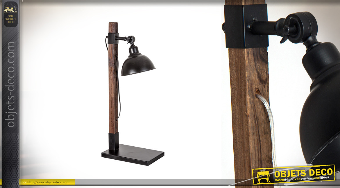 Lampe de bureau en bois vieilli et métal anthracite, ambiance moderne industrielle, ajustable, 63cm