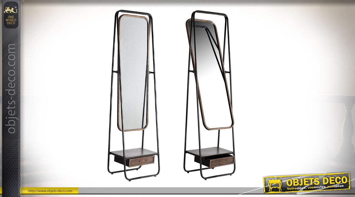 Grand miroir sur pieds en métal, esprit chevalet version moderno indus, avec tiroir, inclinable, 183cm