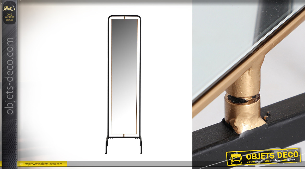 Grand miroir en métal sur pieds, pivotant à 360°, finition noir charbon et notes dorées, 170cm
