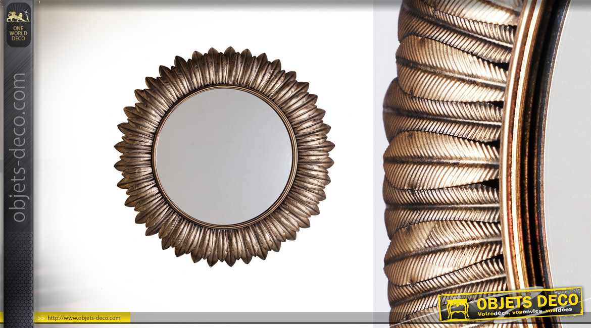 Miroir rond en métal avec encadrement en plumes métalliques, finition doré effet ancien, Ø76cm