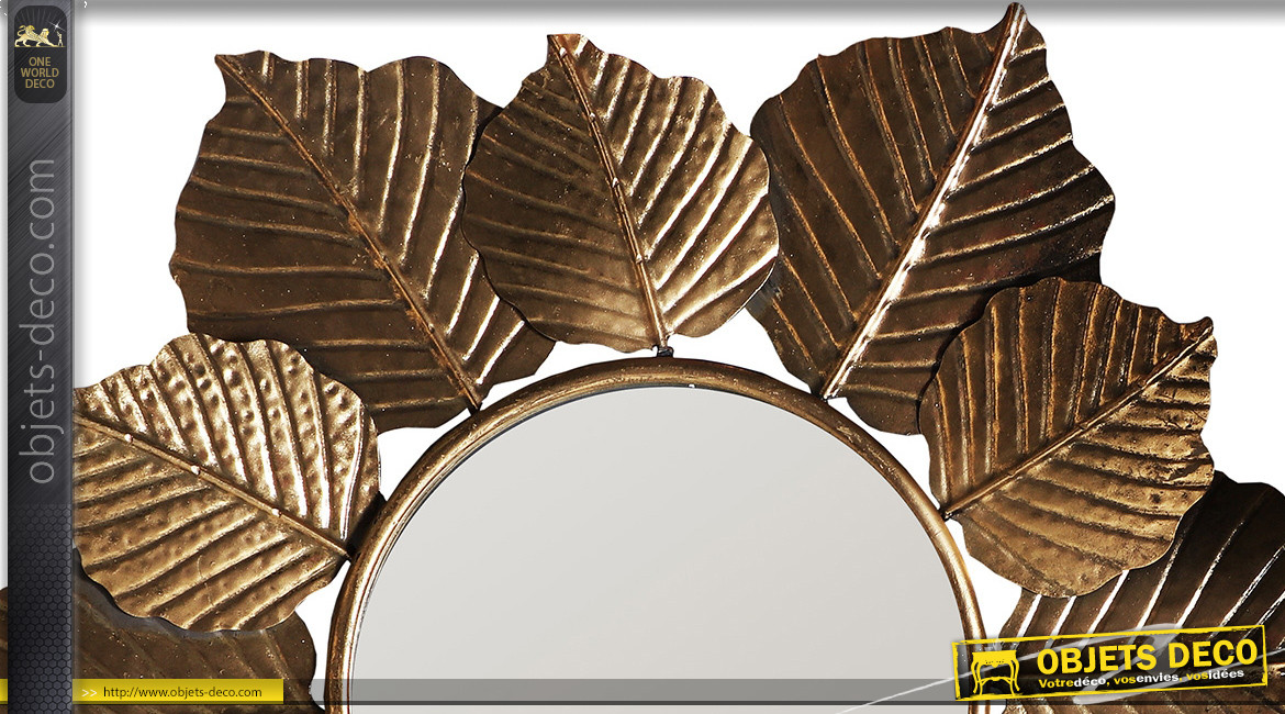 Miroir mural en métal avec encadrement en feuilles dorées, finition effet ancien, ambiance charme, Ø70cm