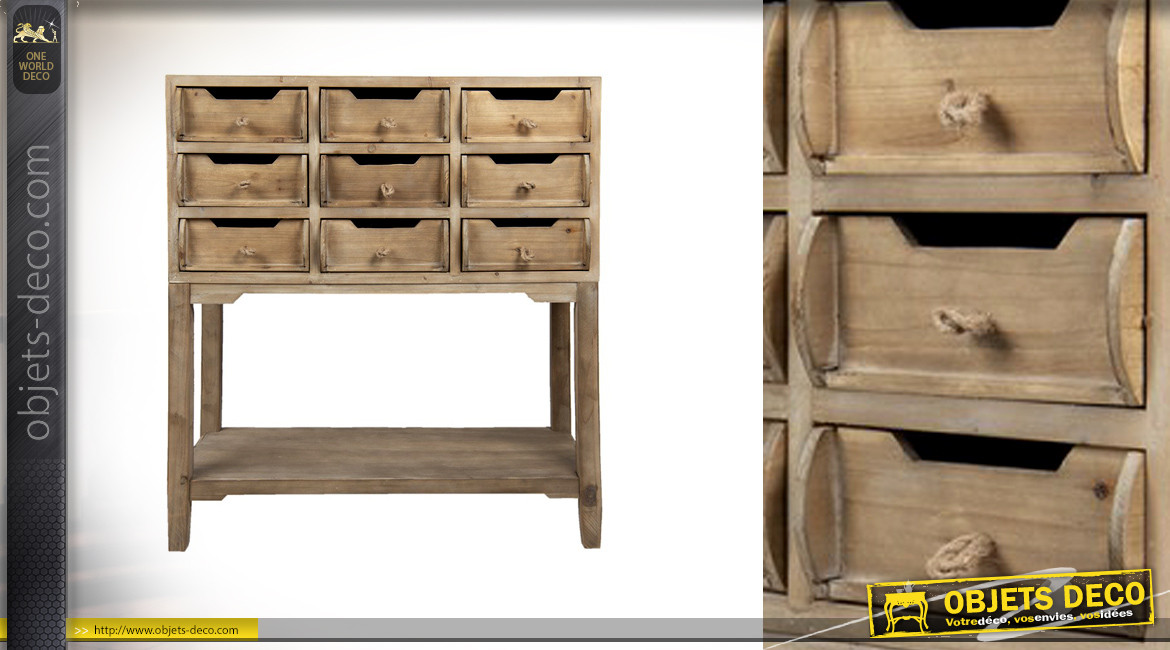 Console haute en bois finition clair naturel, 9 tiroirs et 1 étagère, ambiance rustique, 90cm