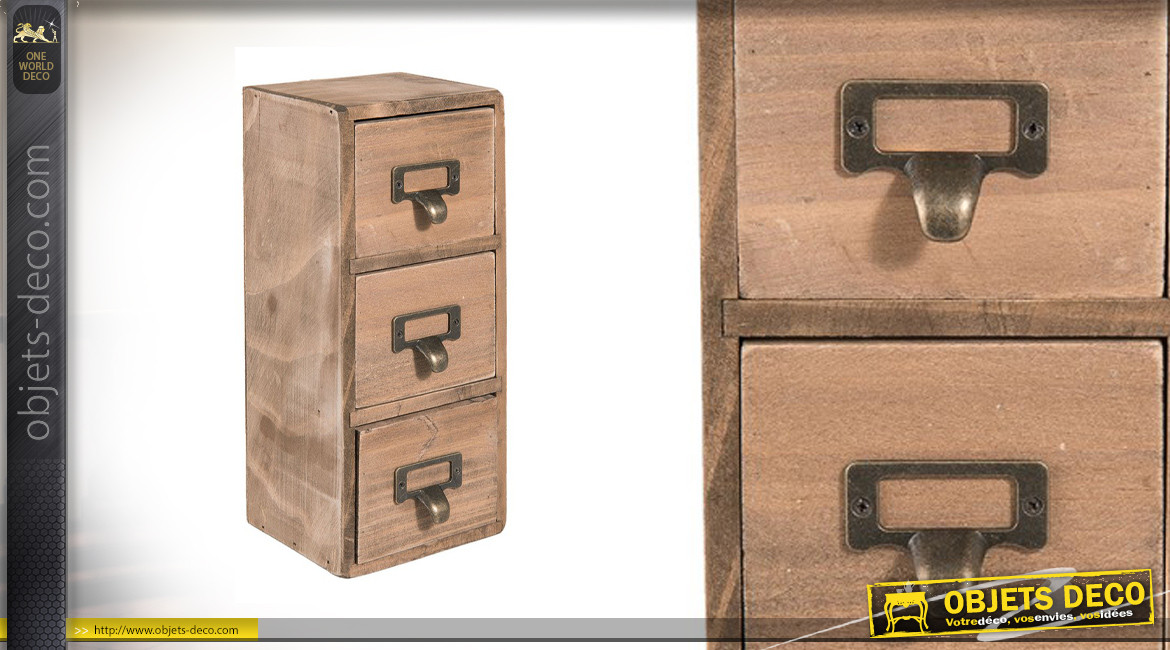 Petit meuble à 3 tiroirs en bois de sapin finition brut naturelle, avec portes étiquettes finition laiton, 27cm