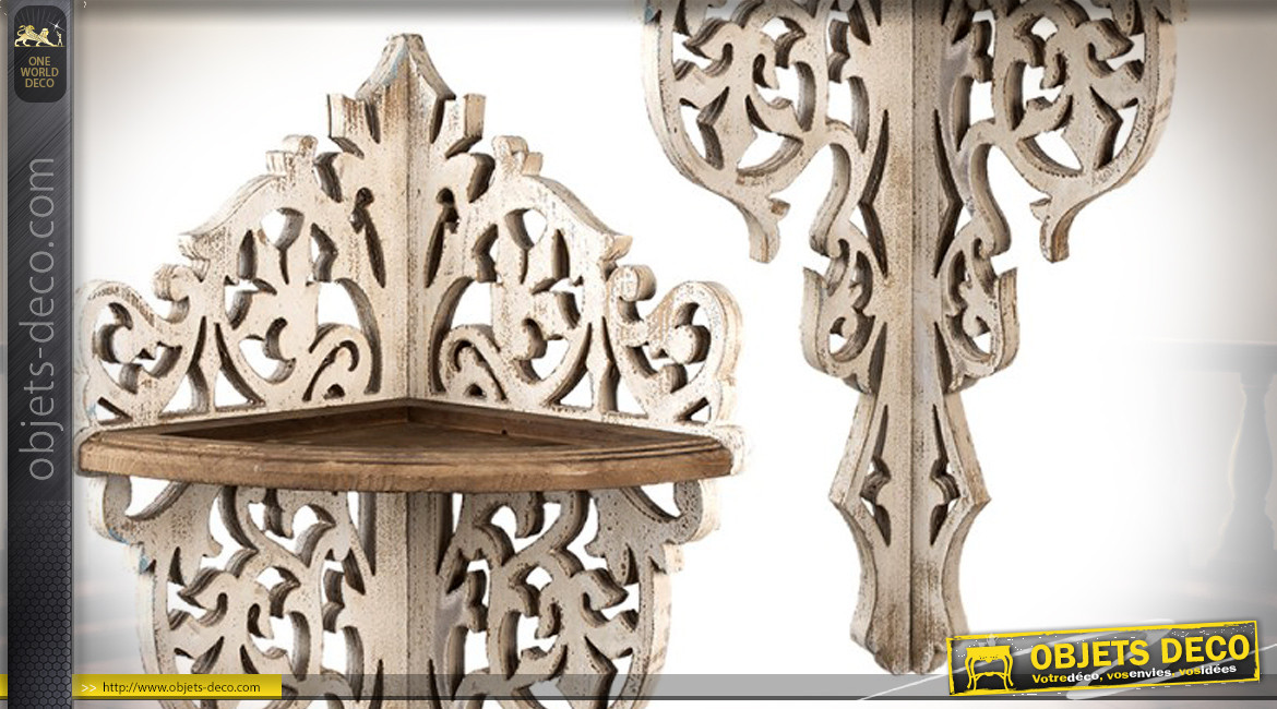 Grande étagère d'angle en bois sculpté finition blanc antique et naturel, ambiance chic, 120cm