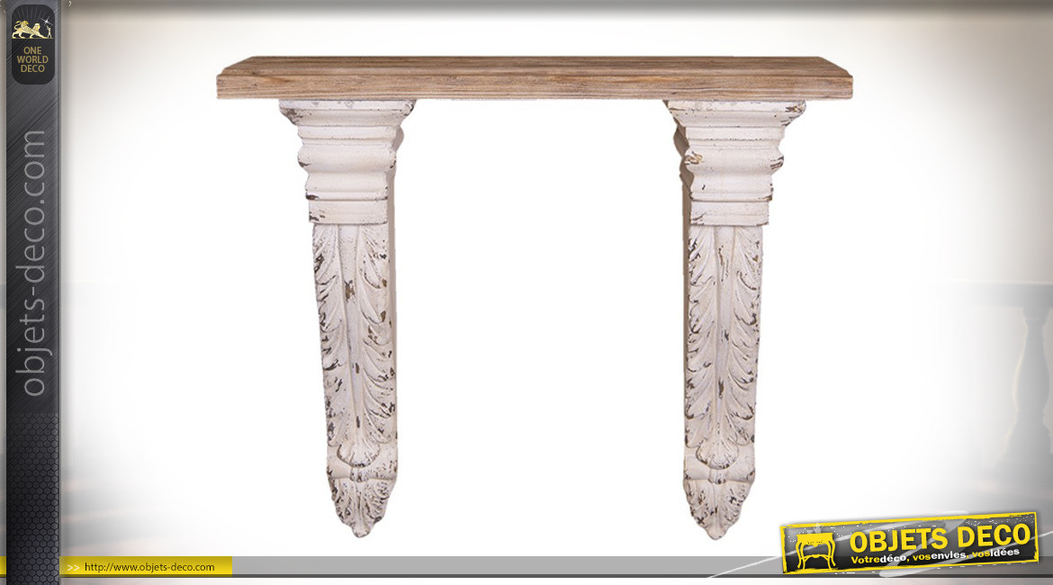 Grande étagère en bois sculpté de style classique chic, finition naturel et blanc antique, 122cm