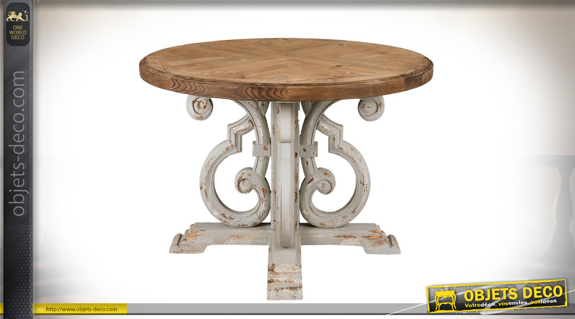 Table ronde en bois avec piétement sculpté, finition effet vieilli, patine gris perle, Ø120cm
