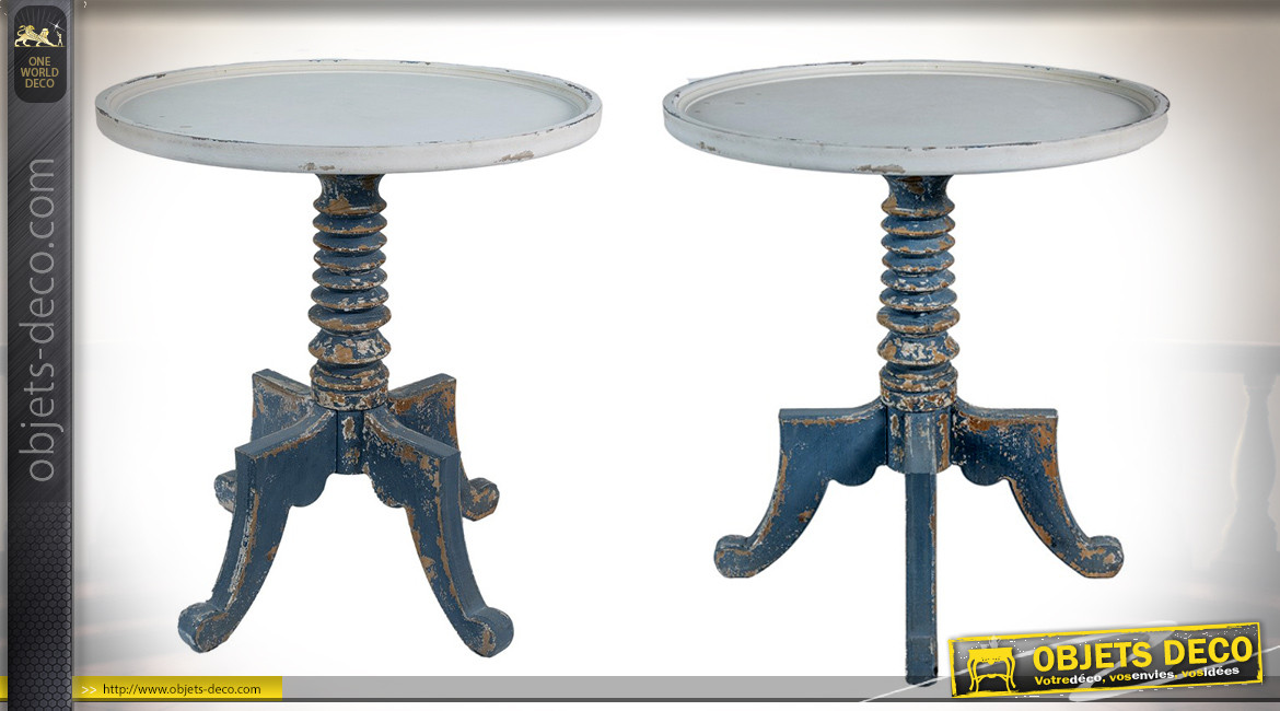 Table d'appoint ronde en bois style vieux métal oxydé, finition bleu pétrole ancien et blanc antique, Ø70cm
