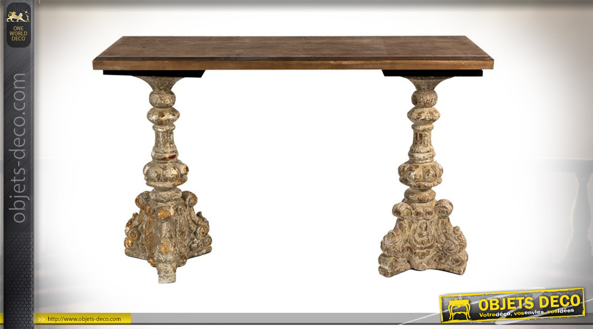 Console d'entrée en bois avec pieds richement sculptés style colonnes antiques, ambiance classique, 120cm