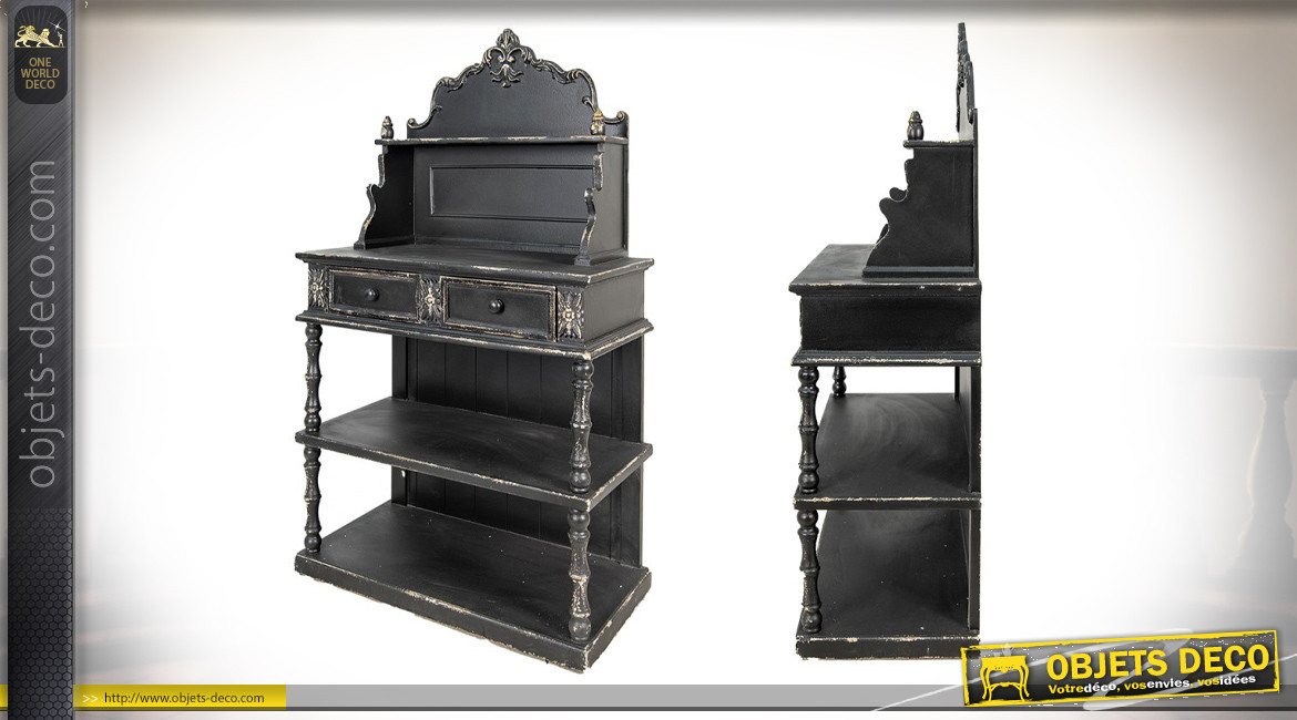 Meuble d'entrée en bois finition noir vieilli, ambiance classique chic, avec étagères et tiroirs, 142cm