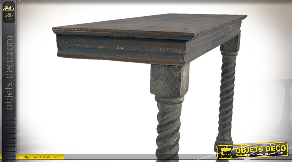 Console en applique en bois finition bleu gris vieilli, avec pieds tournées, ambiance classique, 123cm
