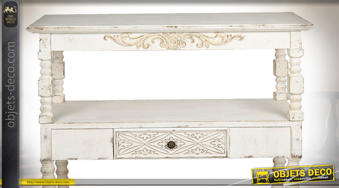 Console de rangement en bois finition blanc ancien, style classique avec piliers tournés, 2 niveaux, 103cm