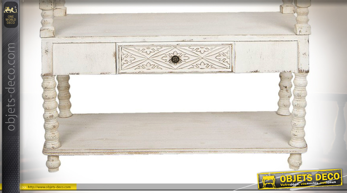 Console de rangement en bois finition blanc ancien, style classique avec piliers tournés, 2 niveaux, 103cm
