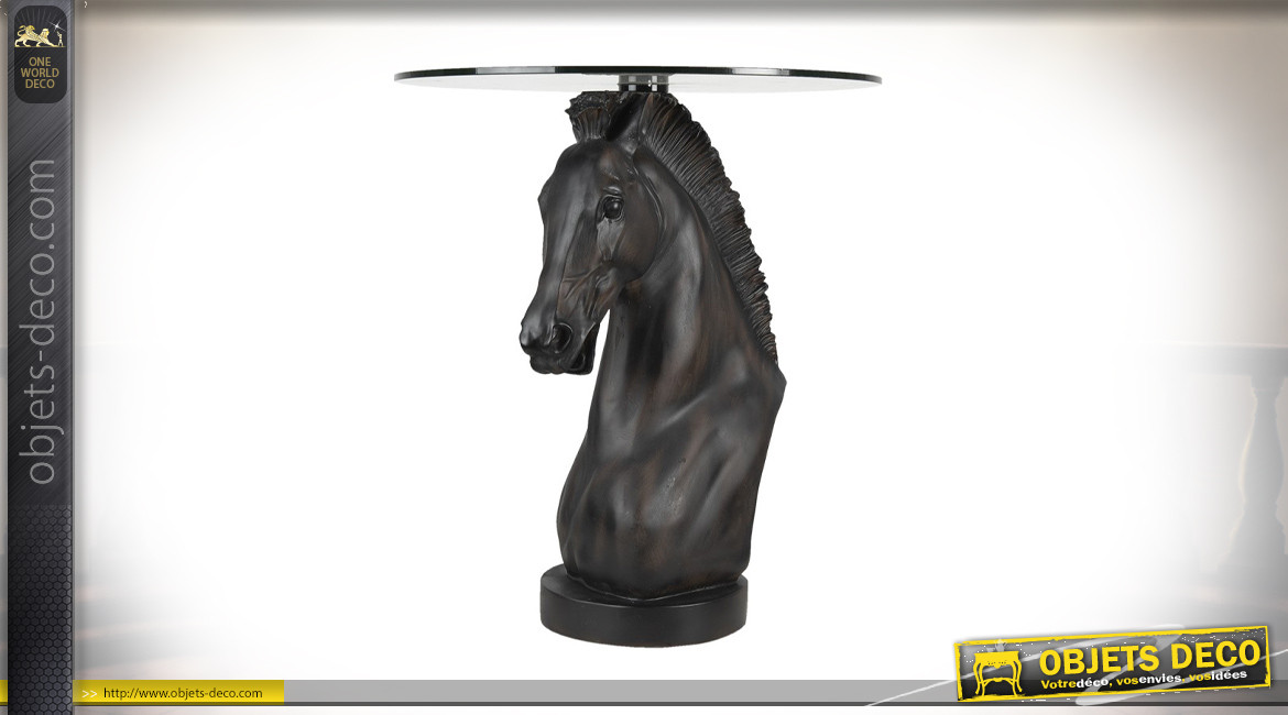 Table d'appoint ronde avec plateau en verre, base en trophée de cheval finition marbre noir, Ø50cm
