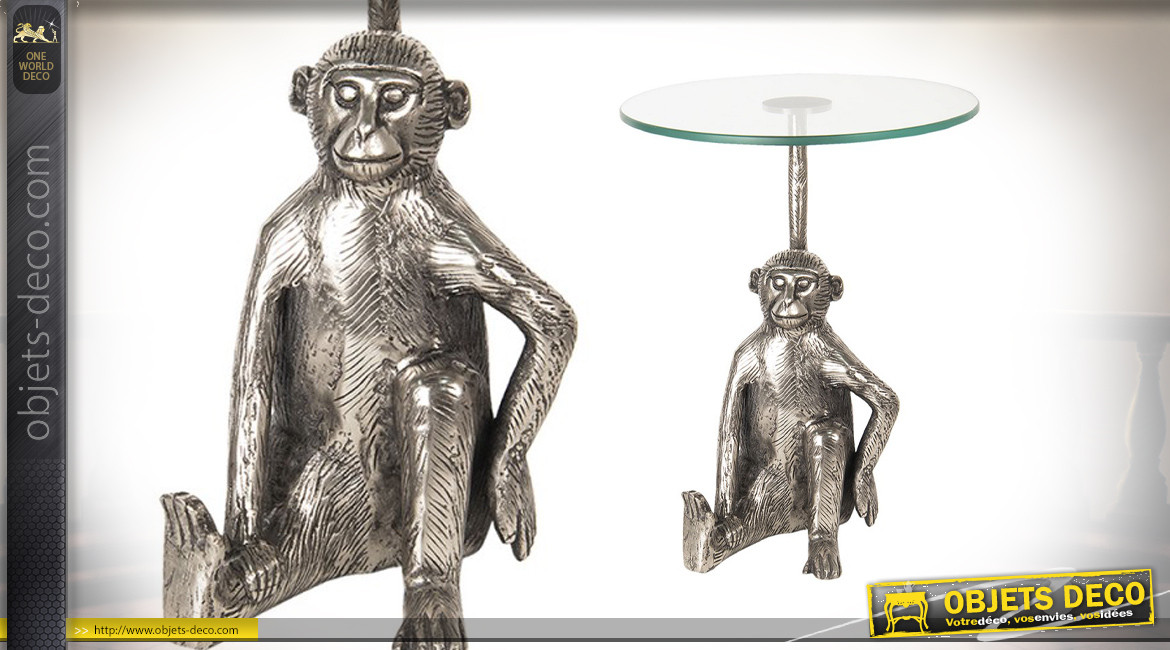 Table d'appoint ronde en verre et sculpture de singe en aluminium brillant, ambiance coloniale chic, 48cm