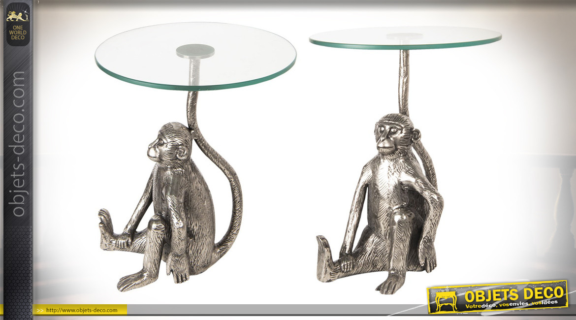 Table d'appoint ronde en verre et sculpture de singe en aluminium brillant, ambiance coloniale chic, 48cm
