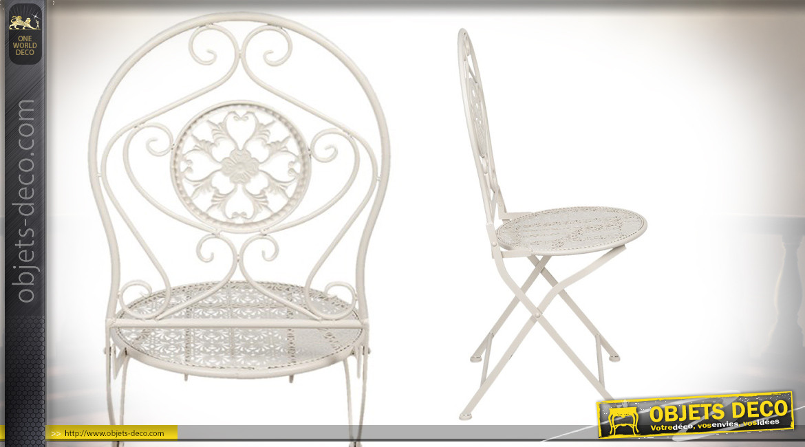Série de 2 chaises en métal finition blanc antique, style jardin anglais, 93cm