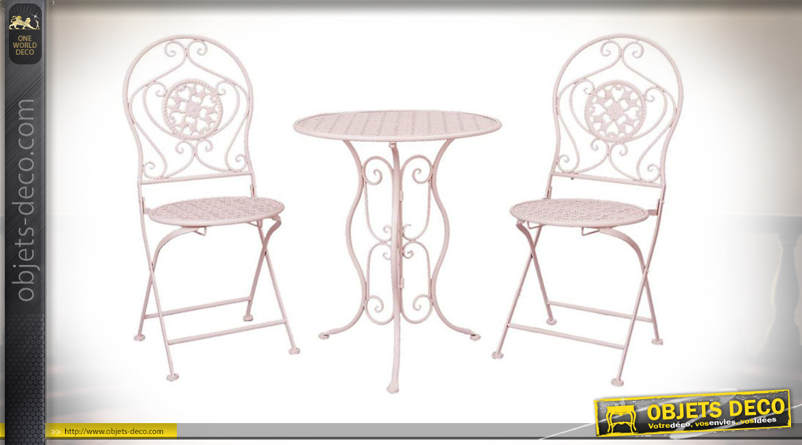 Salon de jardin Arbaud, en métal finition rose dragée, table ronde et 2 chaises