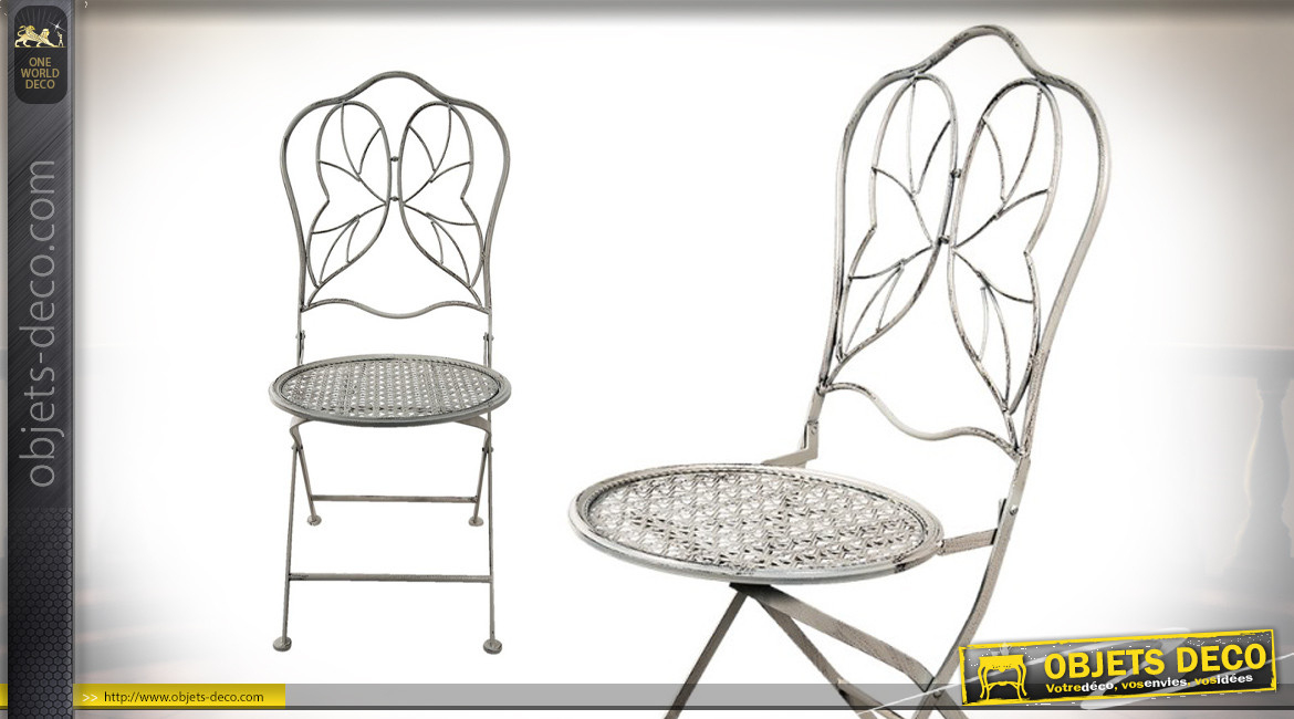 Chaise en métal avec dossier papillon, finition gris vieilli blanc, ambiance jardin d'hiver anglais, 93cm