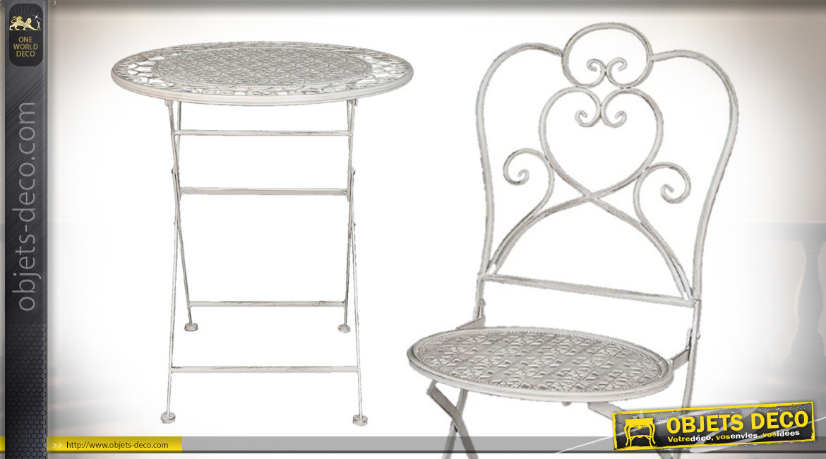 Salon de jardin Montgomery, en métal finition gris ancien, 1 table et 2 chaises