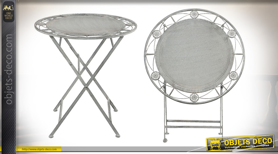 Salon de jardin Coriolis, en métal finition gris antique, 1 table et 2 chaises