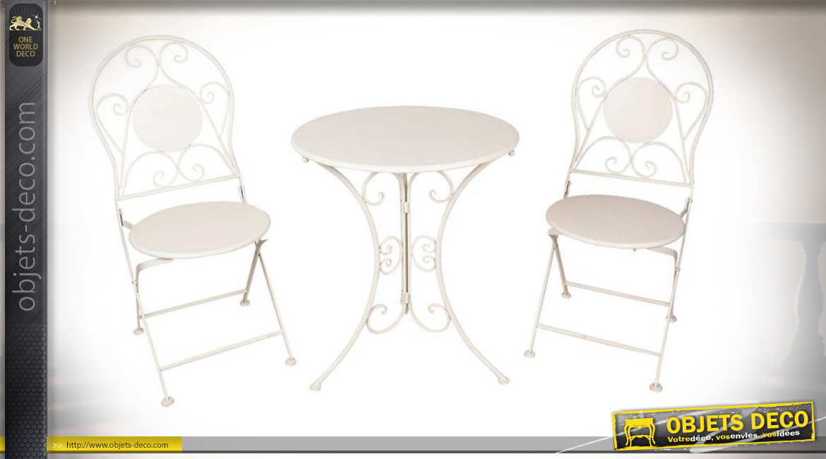 Salon de jardin Clugny, en métal finition blanc impérial, 1 table et 2 chaises