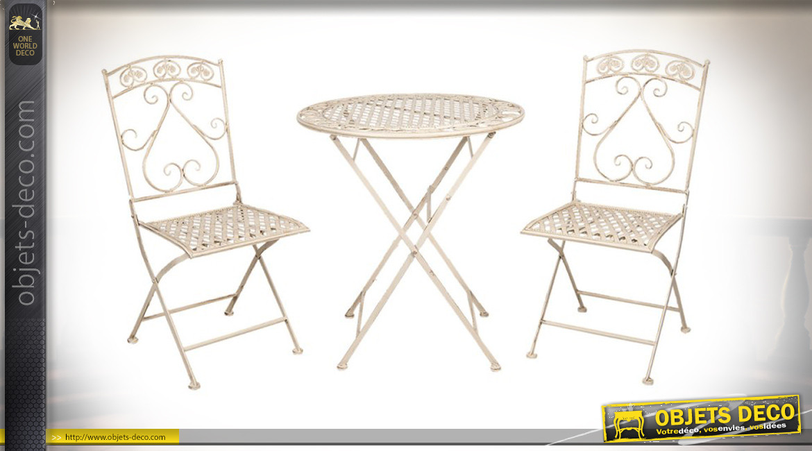 Salon de jardin Boisgelin, en métal finition crème antique, 1 table et 2 chaises