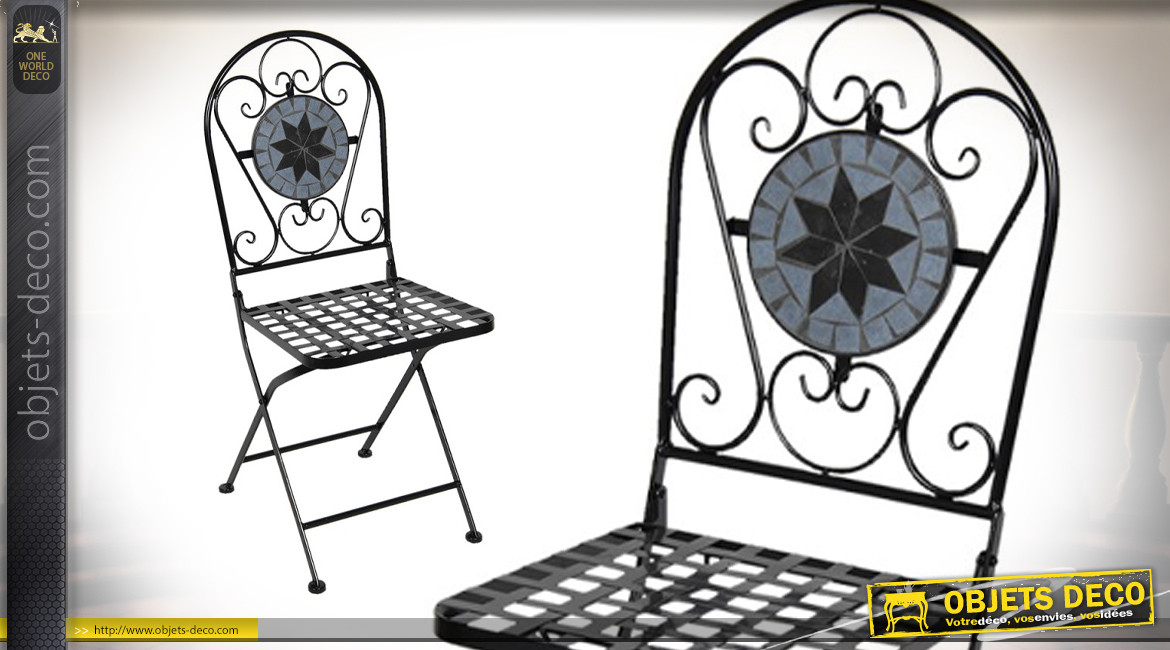 Salon de jardin Pracomtal, en métal finition noir charbon avec table en mosaïque colorée