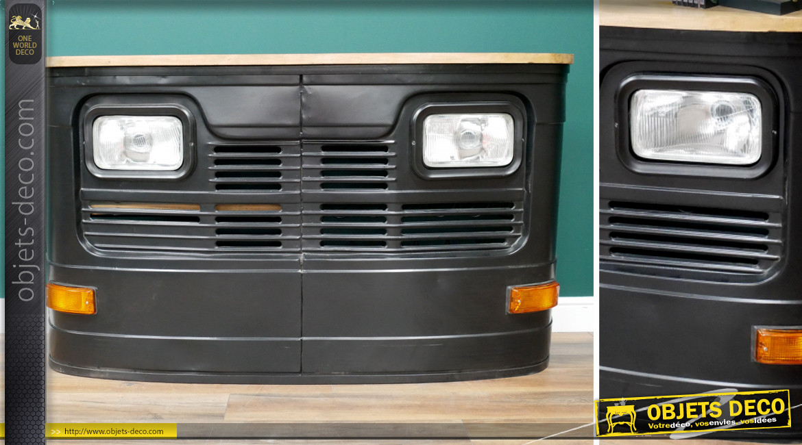 Meuble bar style partie avant d'un camion Tata Motors, avec clignotants et phares, finition noir ancien et plateau en bois, 160cm
