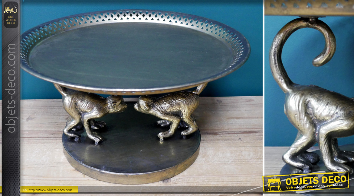 Centre de table en métal avec sculptures de singes finition doré effet ancien, Ø35cm
