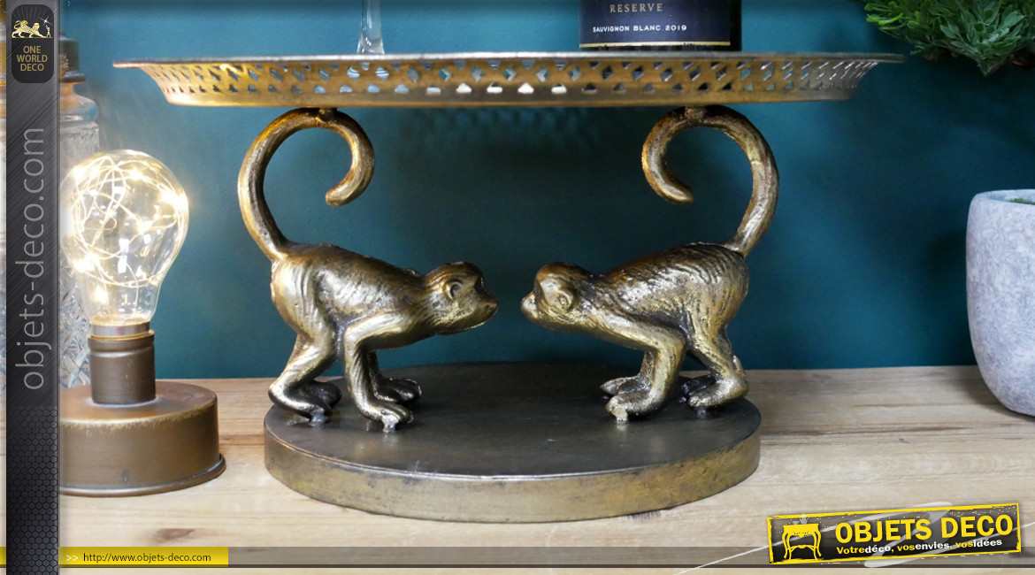 Centre de table en métal avec sculptures de singes finition doré effet ancien, Ø35cm