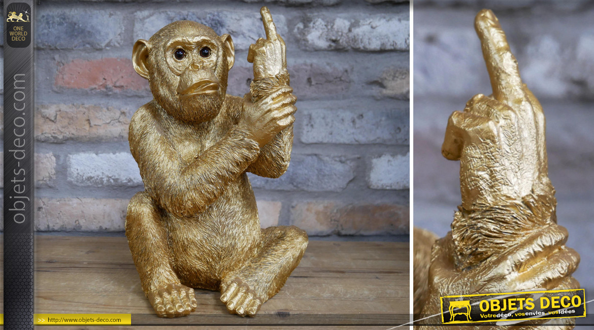 Sculpture de singe en résine finition doré, ambiance désinvolte et rebelle, 30cm