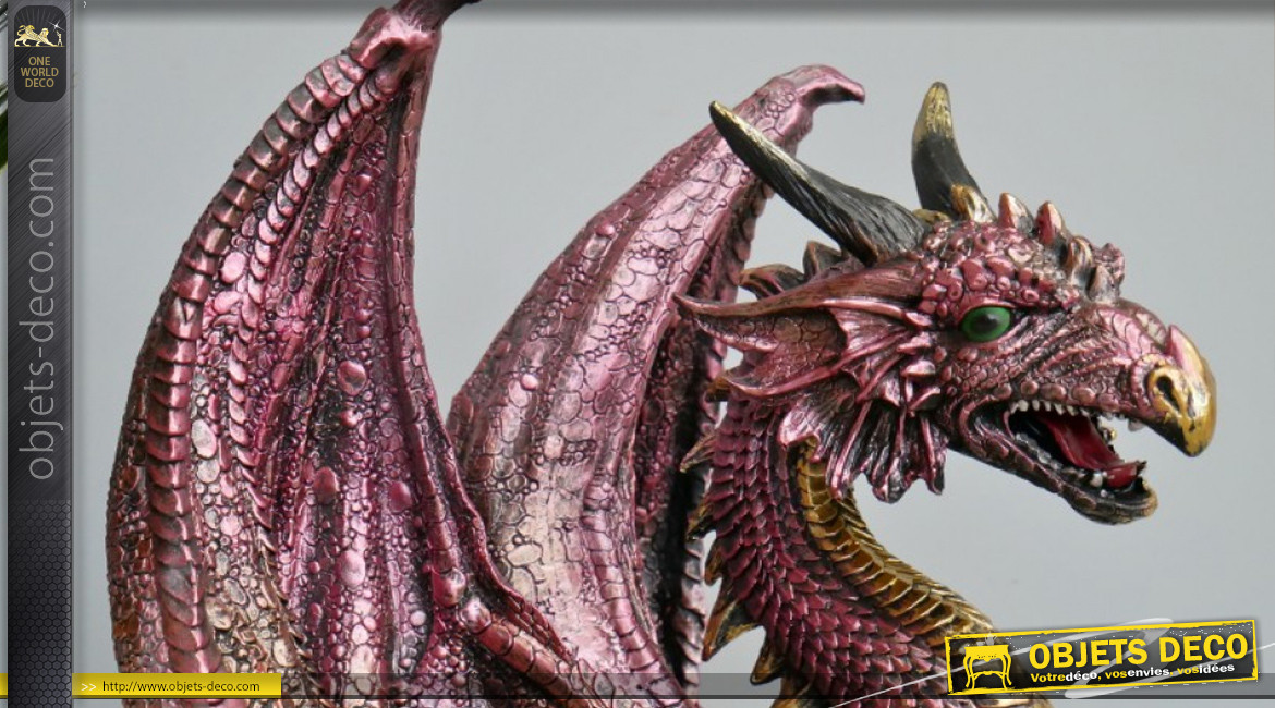 Sculpture de dragon en résine finition rose métallisé et doré ancien, ambiance féeries et légendes, 56cm