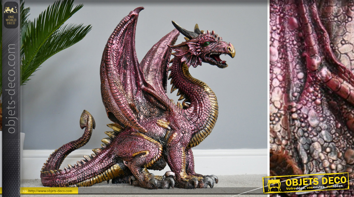 Sculpture de dragon en résine finition rose métallisé et doré ancien, ambiance féeries et légendes, 56cm