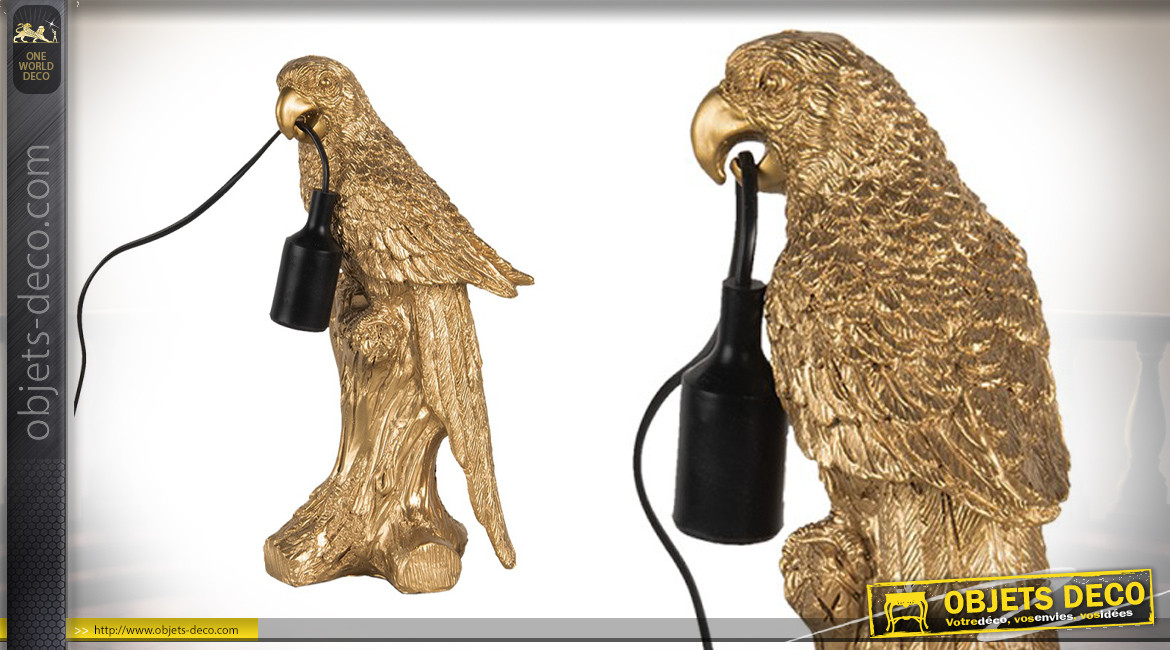 Lampe perroquet en résine finition doré effet ancien, 36cm