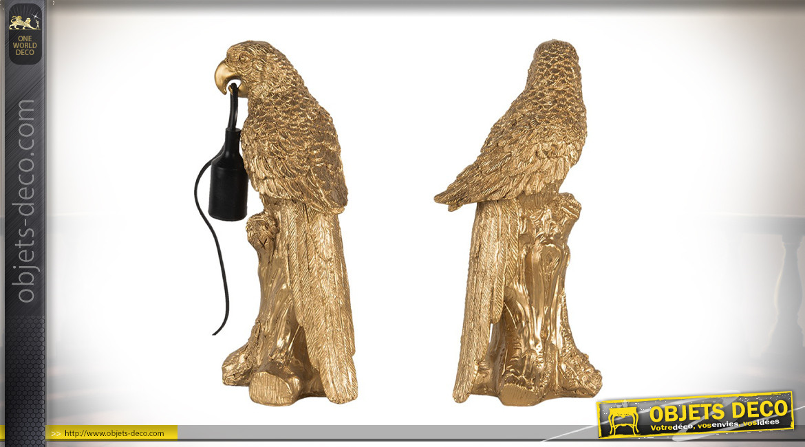 Lampe perroquet en résine finition doré effet ancien, 36cm