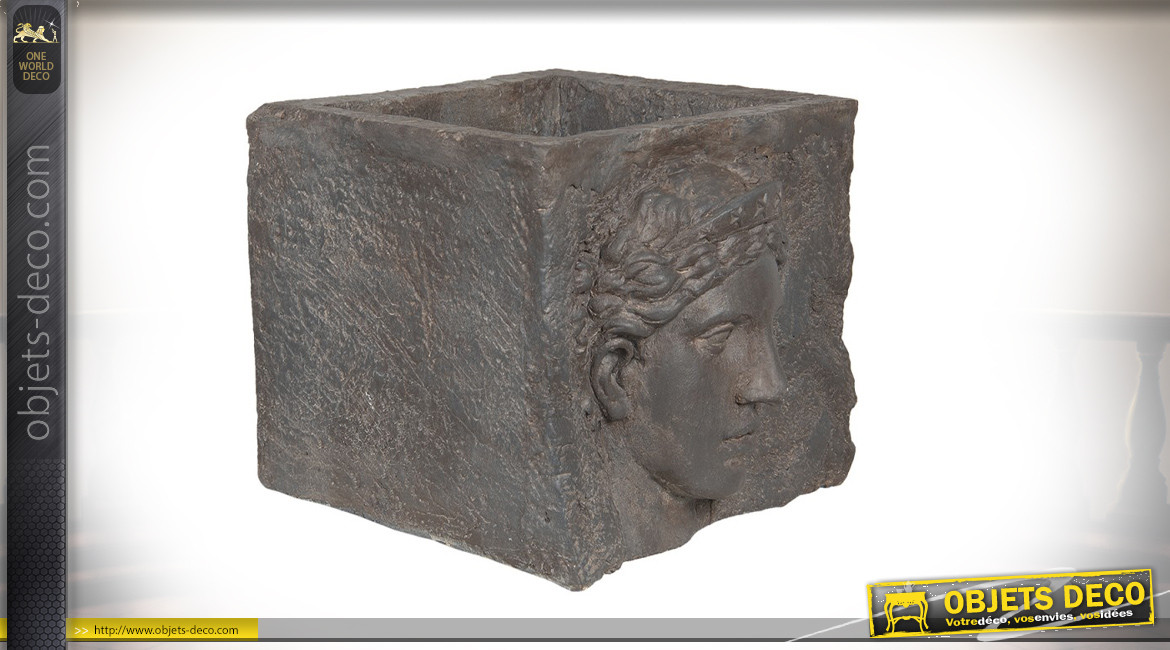 Marcus, cache pot rectangulaire collection Rome Antique, effet pierre taillée finition gris, 43cm