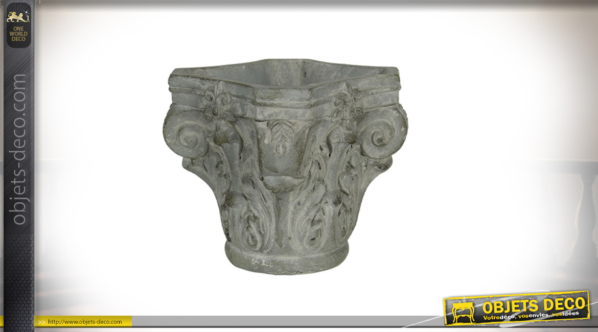 Série de 2 cache pots en pierre taillée en formes de colonnes anciennes, finition antique, Ø17cm