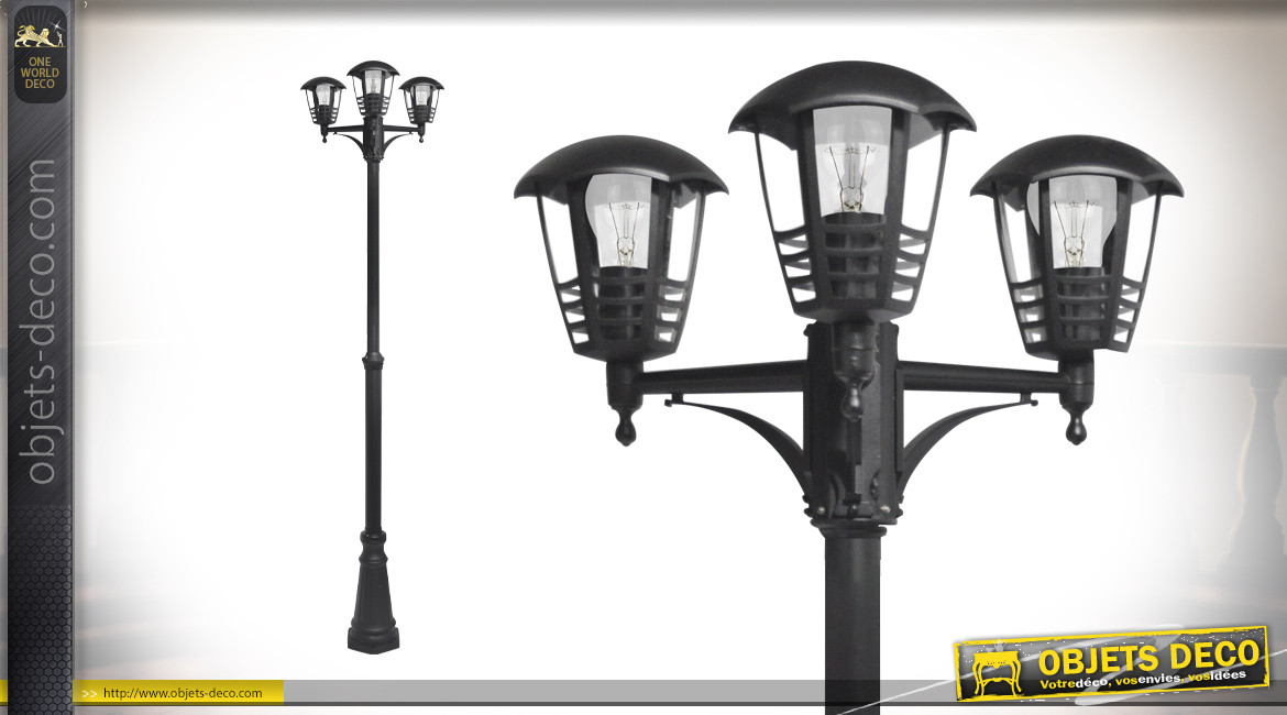 Grand lampadaire à 3 feux en aluminium finition charbon noir, hauteur ajustable, ambiance éclairage de ville, 145/220cm