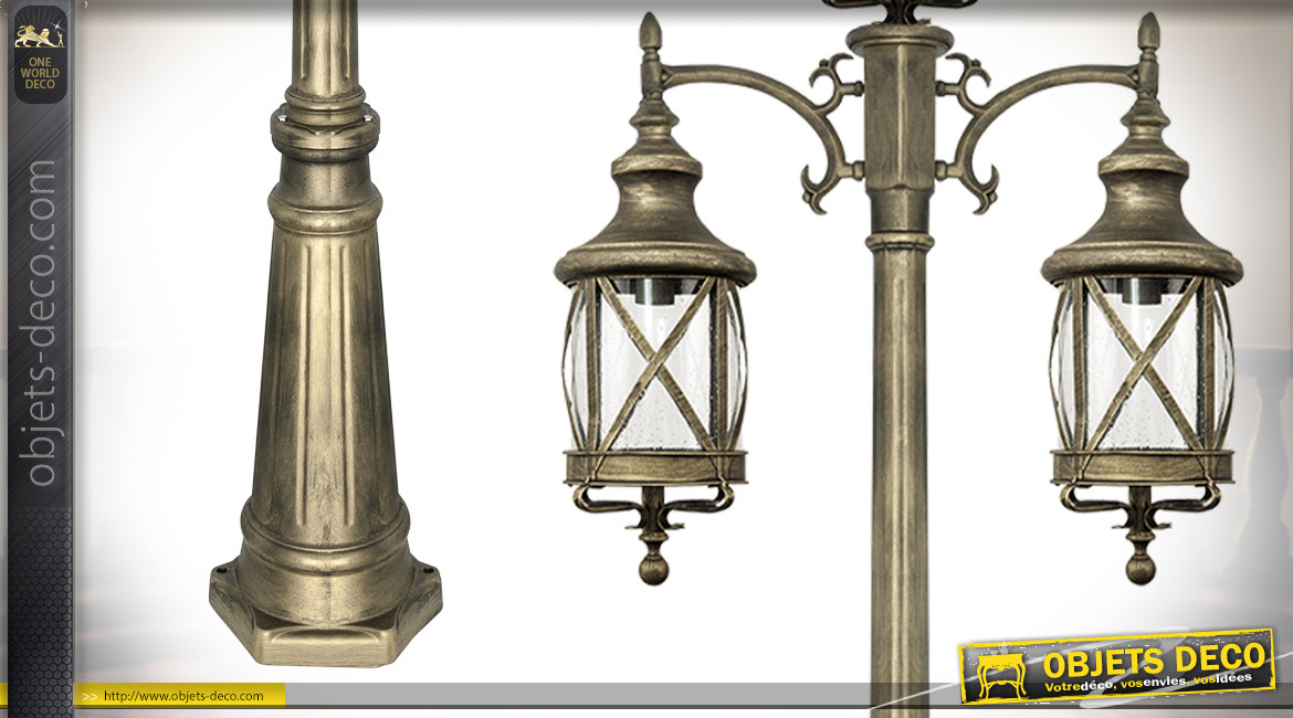 Grand lampadaire en aluminium finition bronze doré, 3 feux, lanternes hautes de style vintage, 235cm