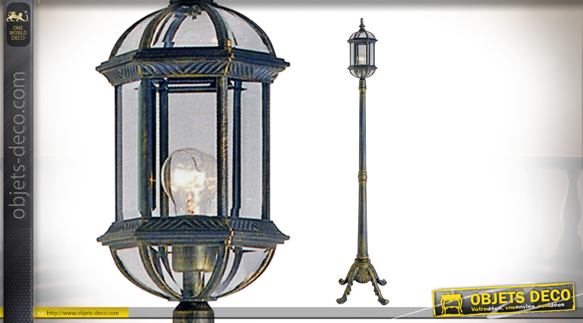 Lampadaire extérieur en aluminium finition vieilli, style lanterne sur pieds, 190cm