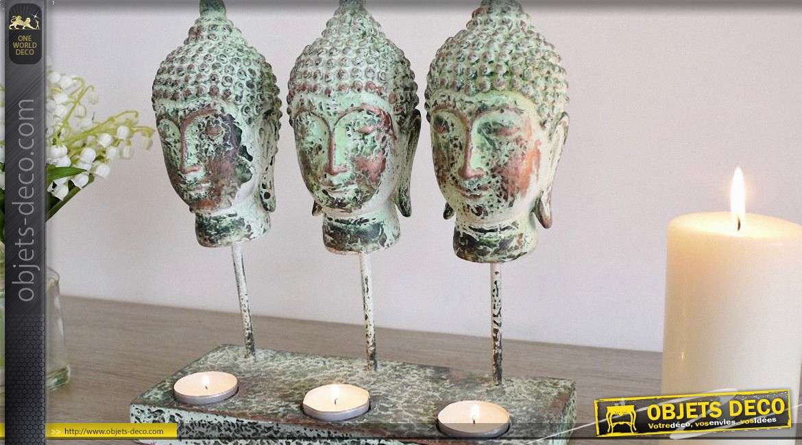 Bougeoir porte-photophores à 3têtes de bouddhas vert antique