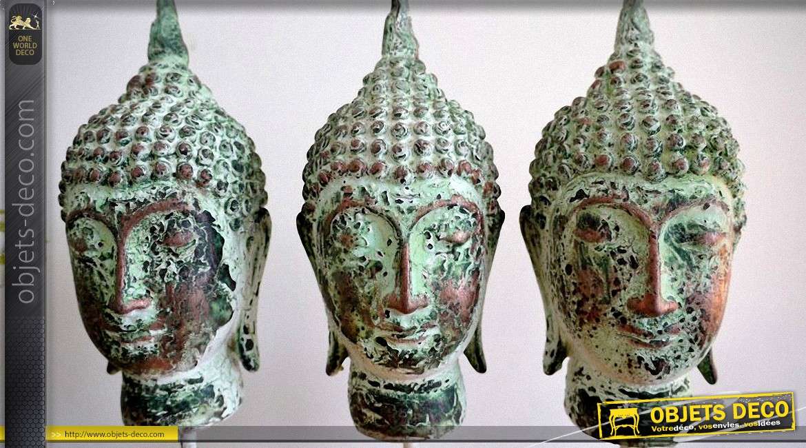 Bougeoir porte-photophores à 3têtes de bouddhas vert antique
