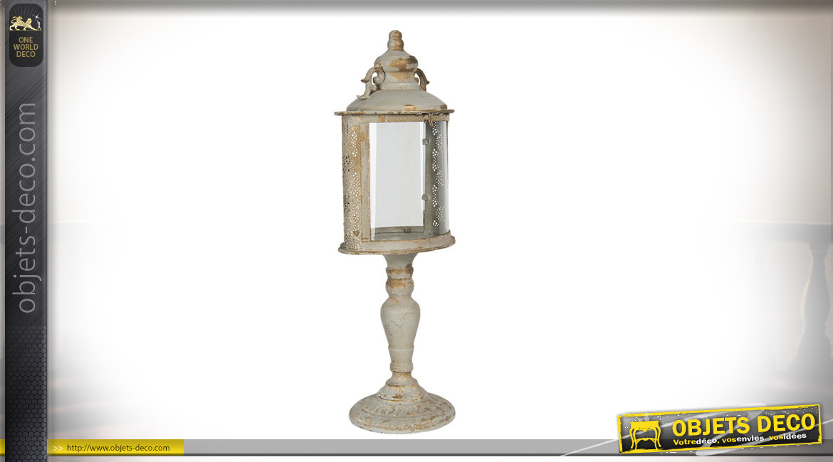 Lanterne ovale sur pied en métal et verre, style vieille demeure finition gris antique, 62cm