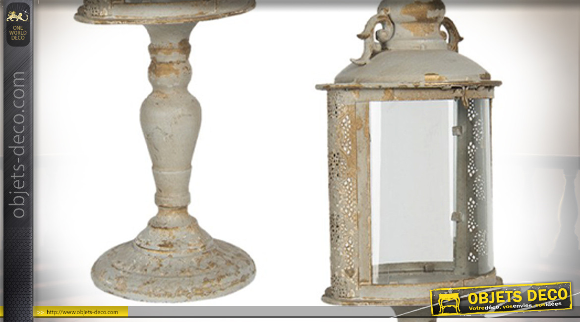 Lanterne ovale sur pied en métal et verre, style vieille demeure finition gris antique, 62cm