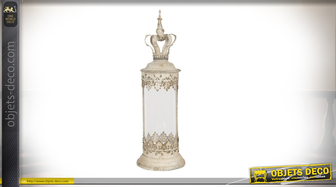 Lanterne cylindrique en métal et verre finition crème vieilli, ambiance suite royale avec chapeau couronne, Ø17cm / 55cm