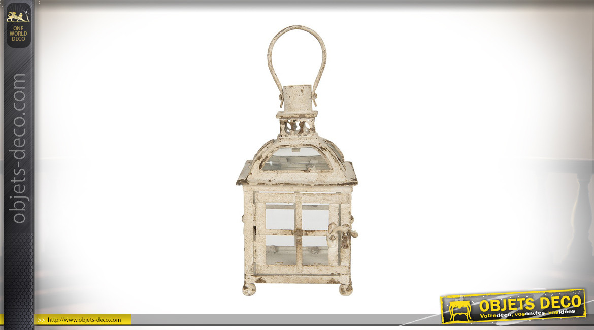 Lanterne carrée en métal finition crème antique avec notes oxydées, à suspendre, 27cm