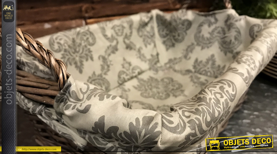 Manne en osier gris clair avec doublure tissu en coton, impression de rosaces et formes arabesques, 40cm