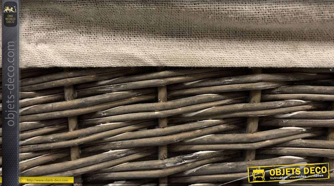 Corbeille de rangement en osier gris avec doublure coton épais, esprit campagne chic, 28cm
