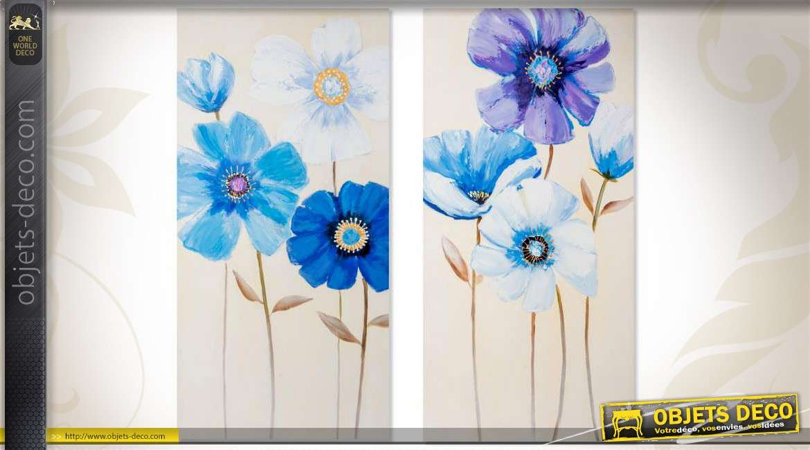 Diptyque tableaux grandes fleurs bleues 120 x 60 cm